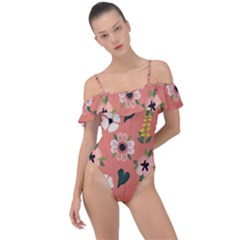 Flower Pink Brown Pattern Floral Frill Detail One Piece Swimsuit by Alisyart