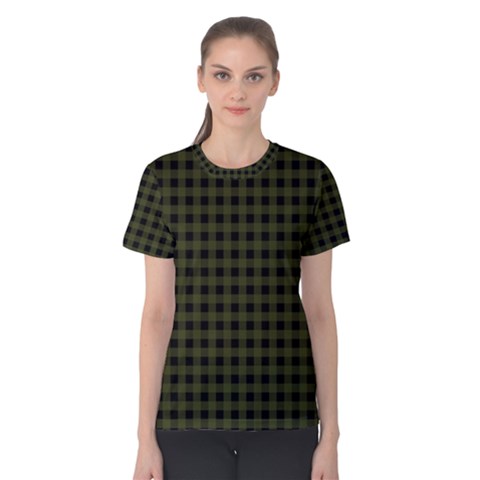 Army Green Black Buffalo Plaid Women s Cotton Tee by SpinnyChairDesigns