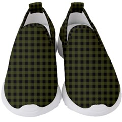 Army Green Black Buffalo Plaid Kids  Slip On Sneakers by SpinnyChairDesigns