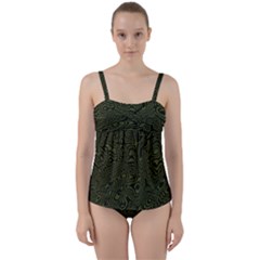 Army Green And Black Stripe Camo Twist Front Tankini Set by SpinnyChairDesigns