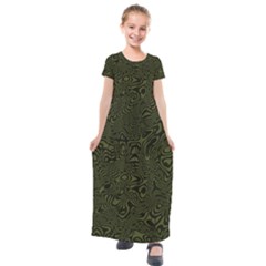 Army Green And Black Stripe Camo Kids  Short Sleeve Maxi Dress by SpinnyChairDesigns