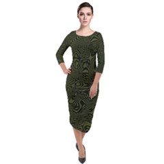 Army Green And Black Stripe Camo Quarter Sleeve Midi Velour Bodycon Dress by SpinnyChairDesigns