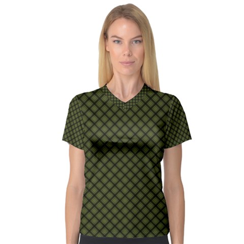 Army Green And Black Plaid V-neck Sport Mesh Tee by SpinnyChairDesigns