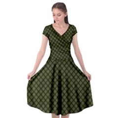 Army Green And Black Plaid Cap Sleeve Wrap Front Dress by SpinnyChairDesigns