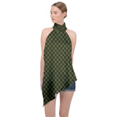 Army Green And Black Plaid Halter Asymmetric Satin Top by SpinnyChairDesigns