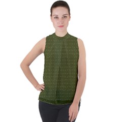 Army Green Color Polka Dots Mock Neck Chiffon Sleeveless Top by SpinnyChairDesigns