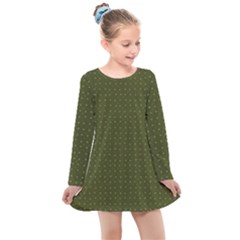 Army Green Color Polka Dots Kids  Long Sleeve Dress by SpinnyChairDesigns