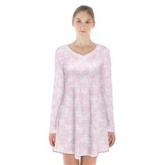 Ballet Pink White Color Butterflies Batik  Long Sleeve Velvet V-neck Dress by SpinnyChairDesigns