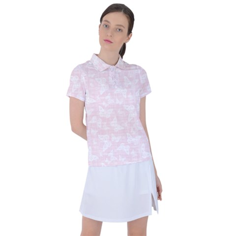 Ballet Pink White Color Butterflies Batik  Women s Polo Tee by SpinnyChairDesigns