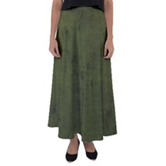 Army Green Color Grunge Flared Maxi Skirt