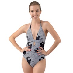Grey Black Cats Design Halter Cut-out One Piece Swimsuit