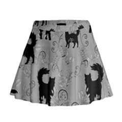 Grey Black Cats Design Mini Flare Skirt