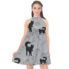 Grey Black Cats Design Halter Neckline Chiffon Dress  by Abe731