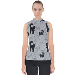 Grey Black Cats Design Mock Neck Shell Top