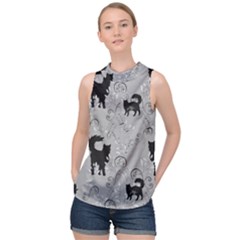 Grey Black Cats Design High Neck Satin Top