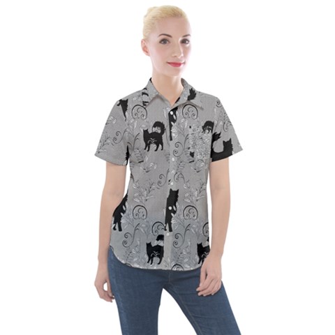 Grey Black Cats Design Women s Short Sleeve Pocket Shirt by Abe731