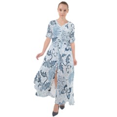 Nature Blue Pattern Waist Tie Boho Maxi Dress