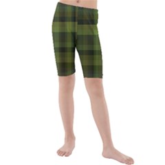 Army Green Color Plaid Kids  Mid Length Swim Shorts by SpinnyChairDesigns