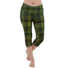 Army Green Color Plaid Lightweight Velour Capri Yoga Leggings by SpinnyChairDesigns