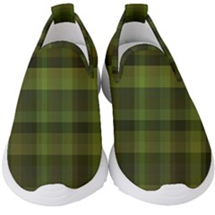 Army Green Color Plaid Kids  Slip On Sneakers by SpinnyChairDesigns