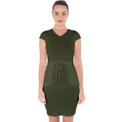 Army Green Color Texture Capsleeve Drawstring Dress  by SpinnyChairDesigns