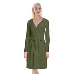 Army Green Color Texture Long Sleeve Velvet Front Wrap Dress by SpinnyChairDesigns