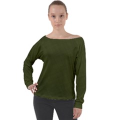 Army Green Color Texture Off Shoulder Long Sleeve Velour Top by SpinnyChairDesigns