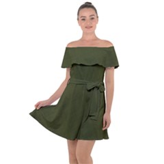 Army Green Color Texture Off Shoulder Velour Dress by SpinnyChairDesigns