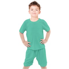 True Biscay Green Solid Color Kids  Tee And Shorts Set by SpinnyChairDesigns