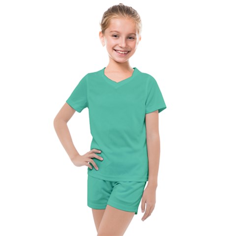 True Biscay Green Solid Color Kids  Mesh Tee And Shorts Set by SpinnyChairDesigns