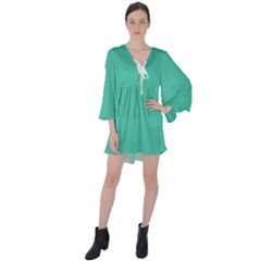 True Biscay Green Solid Color V-neck Flare Sleeve Mini Dress