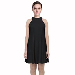 True Black Solid Color Velvet Halter Neckline Dress 