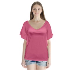 True Blush Pink Color V-neck Flutter Sleeve Top by SpinnyChairDesigns
