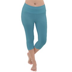 True Cadet Blue Teal Color Lightweight Velour Capri Yoga Leggings by SpinnyChairDesigns