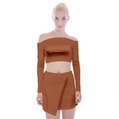 True Cinnamon Color Off Shoulder Top With Mini Skirt Set by SpinnyChairDesigns