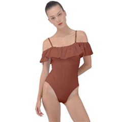 True Cinnamon Color Frill Detail One Piece Swimsuit by SpinnyChairDesigns