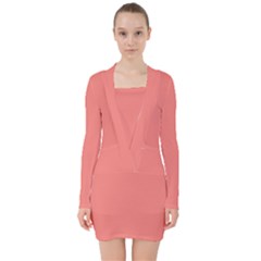 True Coral Pink Color V-neck Bodycon Long Sleeve Dress by SpinnyChairDesigns