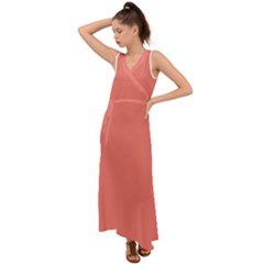 True Coral Pink Color V-neck Chiffon Maxi Dress by SpinnyChairDesigns