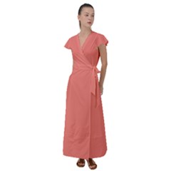 True Coral Pink Color Flutter Sleeve Maxi Dress by SpinnyChairDesigns