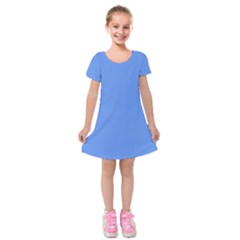 True Cornflower Blue Color Kids  Short Sleeve Velvet Dress