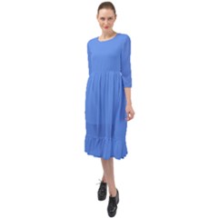 True Cornflower Blue Color Ruffle End Midi Chiffon Dress by SpinnyChairDesigns