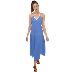 True Cornflower Blue Color Halter Tie Back Dress  by SpinnyChairDesigns