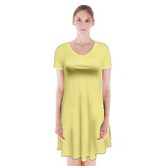 True Lemon Yellow Color Short Sleeve V-neck Flare Dress by SpinnyChairDesigns