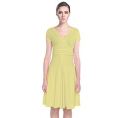 True Lemon Yellow Color Short Sleeve Front Wrap Dress by SpinnyChairDesigns