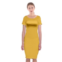 True Mustard Yellow Color Classic Short Sleeve Midi Dress by SpinnyChairDesigns