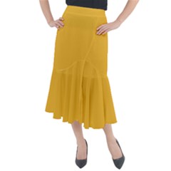 True Mustard Yellow Color Midi Mermaid Skirt by SpinnyChairDesigns