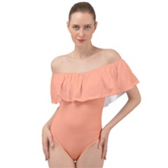 True Peach Color Off Shoulder Velour Bodysuit  by SpinnyChairDesigns