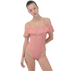 True Peach Color Frill Detail One Piece Swimsuit by SpinnyChairDesigns