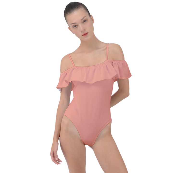True Peach Color Frill Detail One Piece Swimsuit
