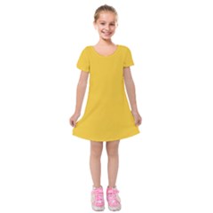 True Saffron Yellow Color Kids  Short Sleeve Velvet Dress by SpinnyChairDesigns